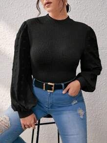 SHEIN Frenchy Plus Swiss Dot Lantern Sleeve Mock Neck Top - Black - View 1