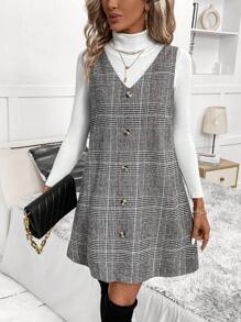 SHEIN Clasi 格紋印花前紐扣洋裝無毛衣 - 彩色 - 查看 6