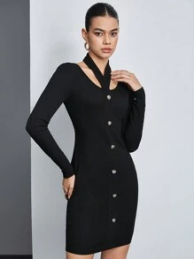 BizChic 女士針織鈕扣裝飾連衣裙 - 黑色 - 查看 1