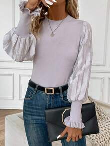 SHEIN Essnce 圓領拼接透明袖口褶皺毛衣 - 灰色 - 查看 5