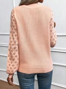 SHEIN Essnce Open Knit Sleeve Sweater - Pink - View 2