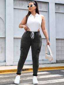 SHEIN EZwear Plus Drawstring Waist Flap Pocket Side Cargo Jeans - Grey - View 4