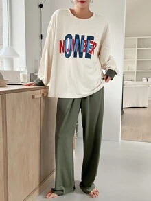 DAZY 女款字母印花落肩家居服套裝 - 綠色 - 查看 7