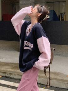 Dazy Star Suéter amplio con estampado de letra de hombros caídos - Multicolor - Ver 3