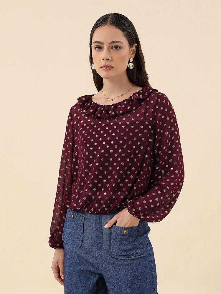 Polka Dot Print Ruffle Trim Blouse