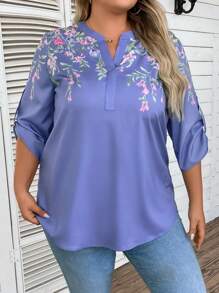 EMERY ROSE Plus Floral Print Notched Neckline Blouse - Blue - View 1