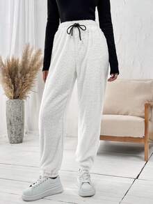 SHEIN LUNE Drawstring Waist Thermal Lined Sweatpants - White - View 5
