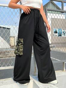 SHEIN EZwear Cộng với kích thước ngụy trang chắp vá dây rút quần bó sát eo - màu đen - Xem 5