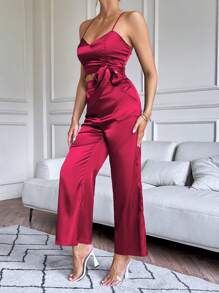 SHEIN BIZwear Top De Camiseta Sólido Y Pantalones De Pierna Ancha - Rosa Fucsia - Ver 6