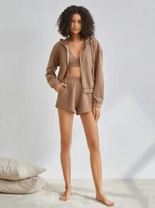 Ocili Leisure Zip Up Drawstring Hooded Lounge Top