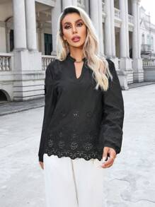 Aveloria 秋季休闲纯色随机镂空刺绣缺口领长袖衬衫 - 黑色 - 查看 4