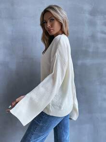 SHEIN LUNE 女款純色落肩毛衣 - 米色 - 查看 2