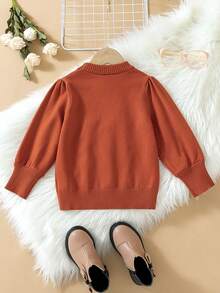 SHEIN Cô Gái Trẻ Hoa Đã vá Tay áo lồng đèn Áo len - Màu Đỏ Sâu - Xem 2