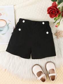SHEIN Young Girl Button Decoration Shorts - Black - View 1