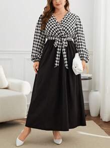 SHEIN Privé Robe Ceinturée Style Portefeuille Pied-de-poule De Grande Taille