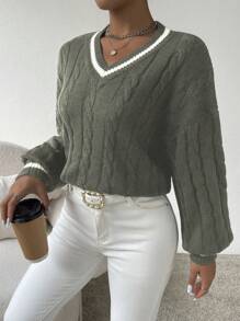 Selianne 灯笼袖V领麻花针织毛衣，长袖套头针织衫，秋冬毛衣 - 灰色 - 查看 3