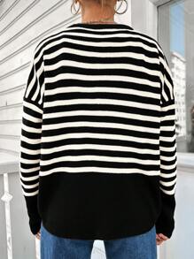 RueChic Của phụ nữ Sọc Áo len Mở Áo len - Đen và trắng - Xem 2