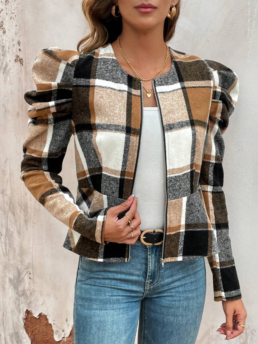 SHEIN LUNE 格紋印花半球袖拉鍊夾克 - 彩色 - 查看 1