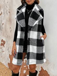 SHEIN Frenchy In kẻ sọc Buffalo Cổ bẻ Teddy Áo vest - Đen và trắng - Xem 4
