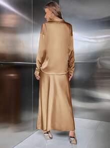 SHEIN Privé unicolor con botón delantero Camisa & Falda - Champán - Ver 2