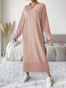 EURMUSE Màu thuần Thả vai Cổ chữ V Đầm Áo len - Bụi hồng - Xem 5