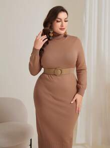 Mulvari Plus Size Women's High Neck Sweater Dress - Camel - View 4