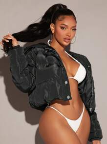 SHEIN SXY Áo khoác đệm Slogan Tape Crop không kèm đồ lót - màu đen - Xem 1