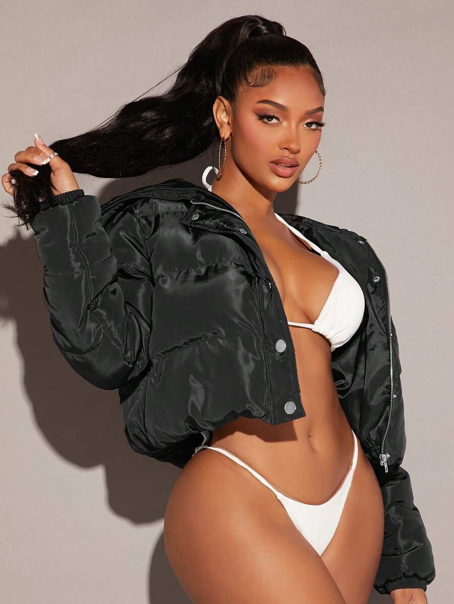 SHEIN SXY Áo khoác đệm Slogan Tape Crop không kèm đồ lót - màu đen - Xem 1