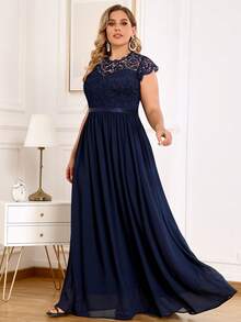 MIUSOL Plus Size Contrast Color Lace Chiffon Evening Party Long Formal Dress - Navy Blue - View 4