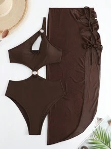 Swim SXY Summer Beach Hollow Out Detail Two Piece Swimsuit - Coffee Brown - View 4