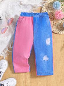 SHEIN Baby Mädchen Lässig Hose mit elastischem Bund und Farbblock Muster