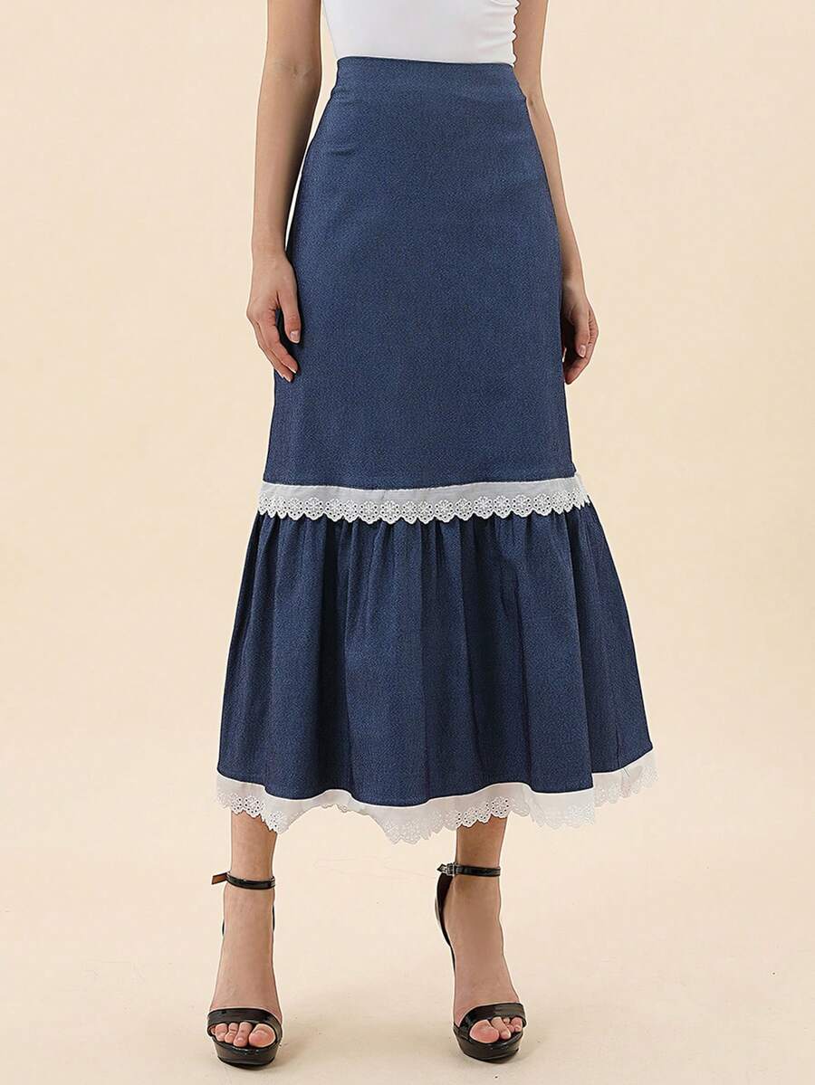 SHEIN Privé 撞色孔眼刺繡飾邊荷葉邊下擺半身裙 - 藏蓝色 - 查看 1