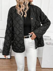 EMERY ROSE Họa tiết hoa ngẫu nhiên - Áo khoác đệm lót kẻ caro đơn hàng khuy cho nữ mùa đông - màu đen - Xem 6