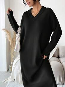 EURMUSE Màu thuần Cổ chữ V Thả vai Đầm Áo len - màu đen - Xem 4