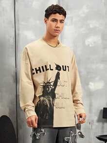 Manfinity EMRG 男士自由女神印花寬鬆下垂肩長袖t恤 - 卡其色 - 查看 5