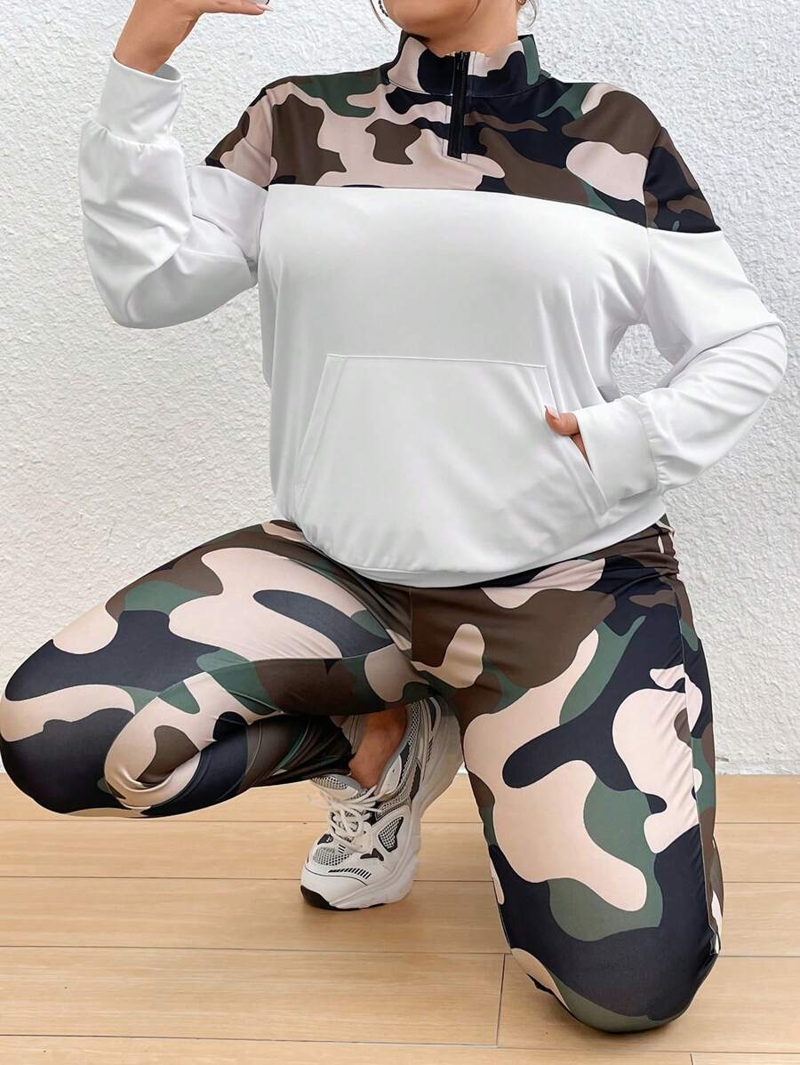 Flirla Plus Camo Print Colorblock Sweatshirt & Sweatpants Fall Cloth For Women - Army Green - View 1