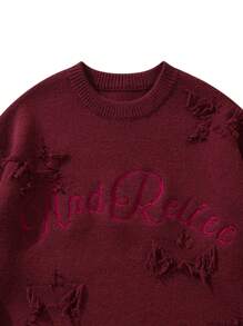 ANDREILEE Unisex Casual Loose Fit Crew Neck Sweater With Letter Embroidery, Star Distressed Fringe Design, Versatile Long Sleeve Knit Top For Spring, Autumn, Winter - Burgundy - View 6