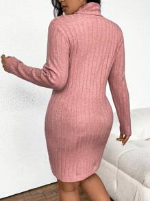 SHEIN Frenchy 肋紋短高領純色修身針織衫裙,大碼 - 西瓜粉 - 查看 2