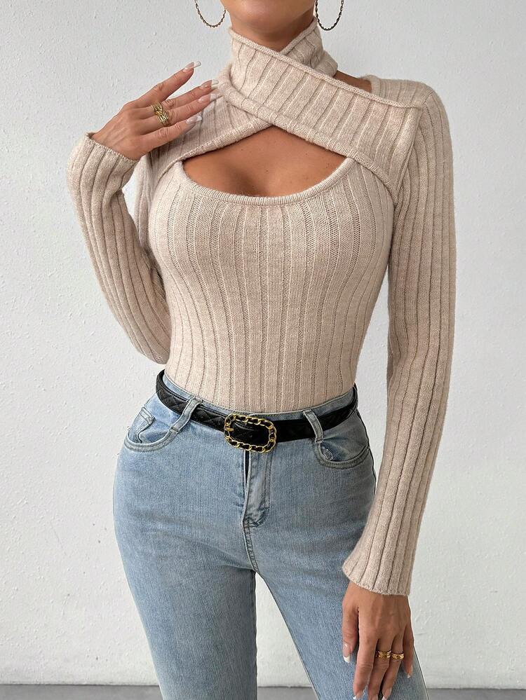 Crisscross Cut Out Front Knit Pullover Fall Winter Sweater