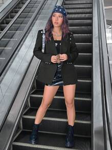 SHEIN EZwear 金屬羈扣西裝外套 - 黑色 - 查看 7