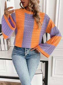 Chiquease Two Tone Cable Knit Drop Shoulder Knit Pullover Fall Winter Sweater - White - View 6