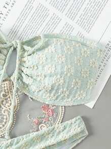 Swim Mod Letni plażowy komplet bikini typu bandeau z kwiatowym, żakardowym sznurkiem