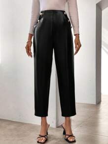 SHEIN LUNE Của phụ nữ Da giả Thẳng Quần - màu đen - Xem 3