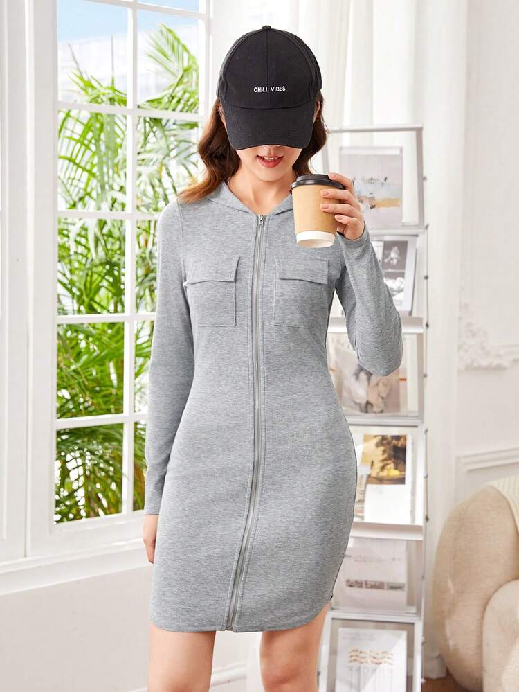 Teenage Girls' Knit Ribbed Hooded Cardigan Dress With Pockets