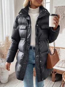 SHEIN LUNE Áo khoác đệm lưng có dây rút cho nữ mùa đông - màu đen - Xem 6