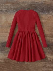SHEIN Tween Girl Solid Ribbed Knit Dress Without Belt - Burgundy - View 2