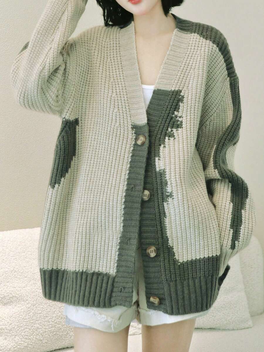 Khối màu Thả vai Quá lớn Áo len Mở - màu xanh lá - Xem 1