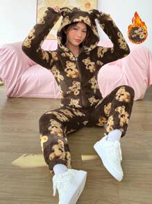 SHEIN EZwear Bear Pattern 3D Ear Design Hooded Zipper Front Flannel Jumpsuit - Coffee Brown - View 1