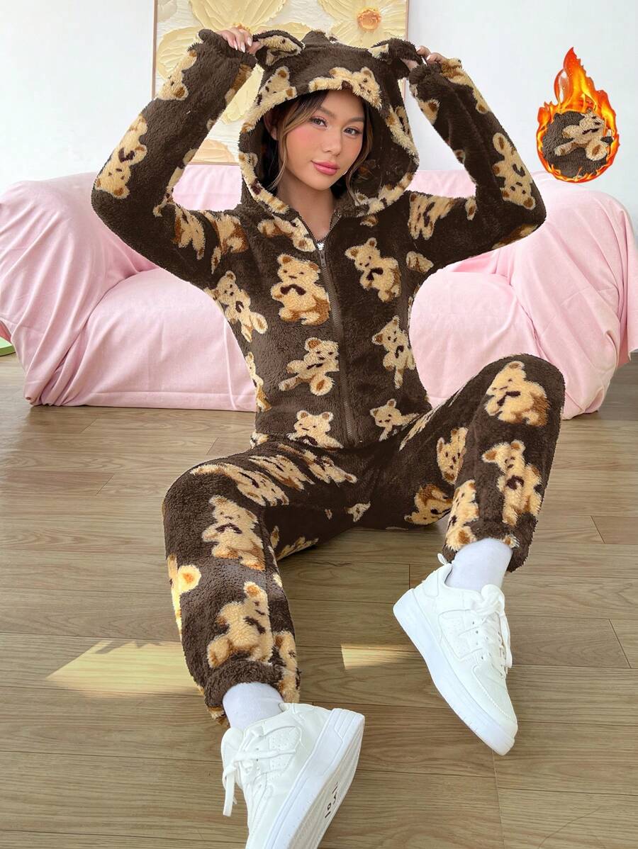 SHEIN EZwear Bear Pattern 3D Ear Design Hooded Zipper Front Flannel Jumpsuit - Coffee Brown - View 1