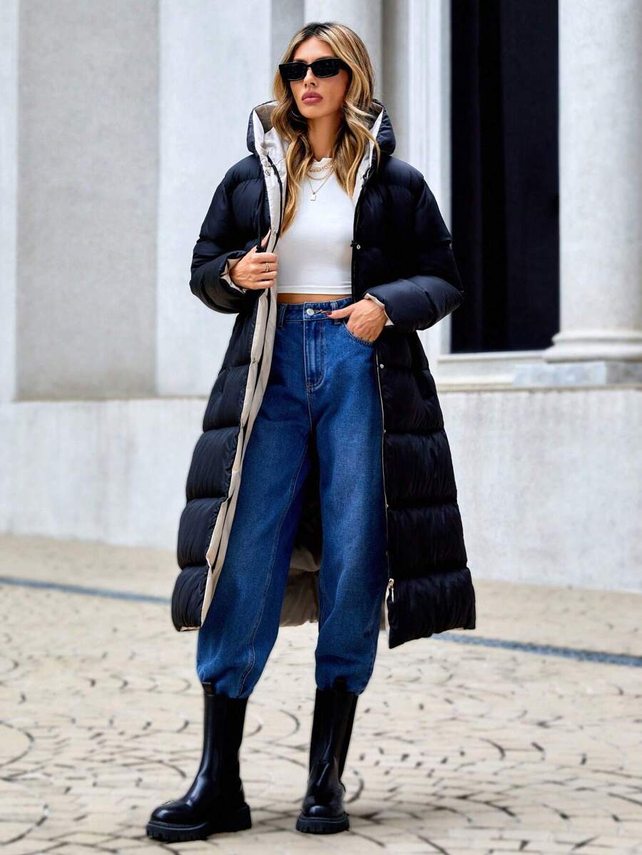 EURMUSE Women's Long Hooded Padded Coat - Black - View 1